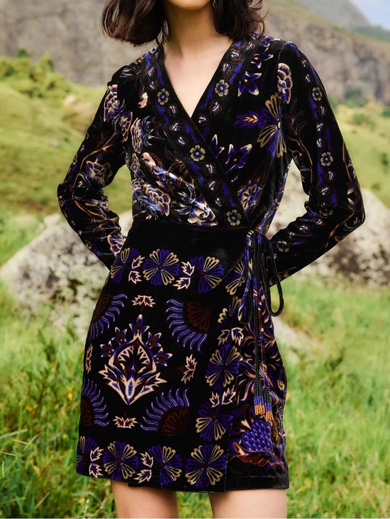 FARM Rio Dresses & Skirts - FARM Rio Arabesque Wrap Mini Dress Blue Floral Boho Tie Waist Long Sleeve Size L